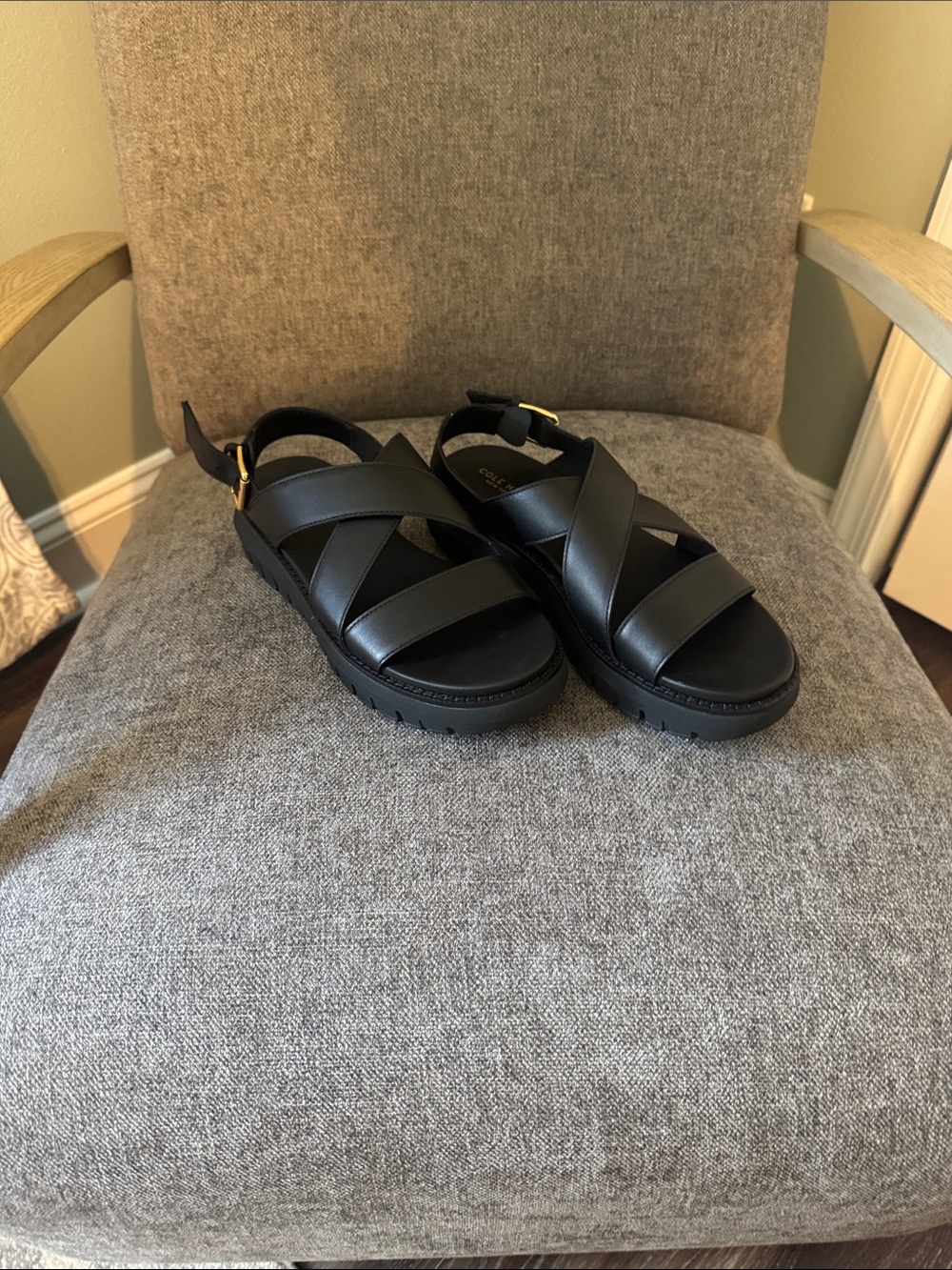 Cole Haan Black Leather Crisscross Strap Sandals with Gold Buckle